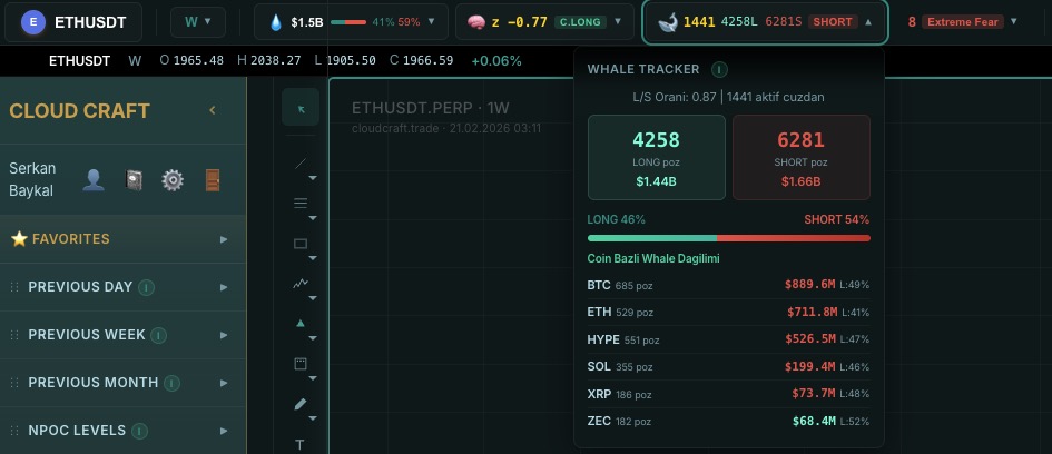 Cloud Craft Terminal Whale Tracker LONG SHORT pozisyon coin bazlı dağılım BTC ETH HYPE SOL XRP